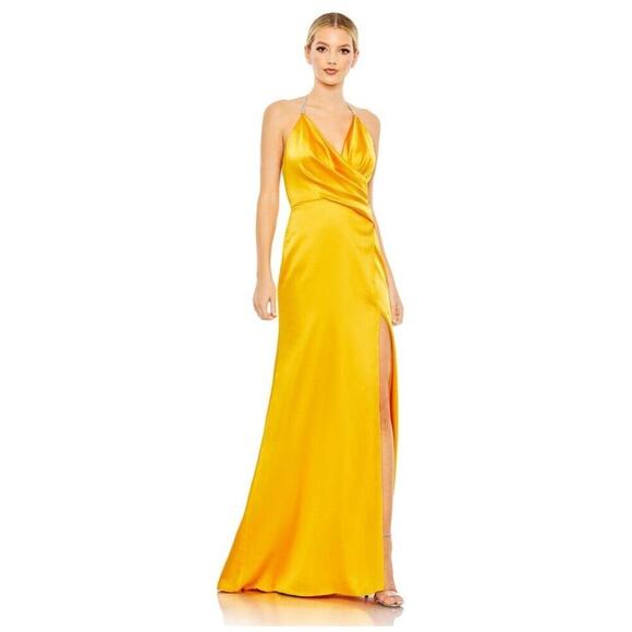 FLAWED - NWT Mac Duggal Halter Strap Draped Bodice Dress Marigold 0 #8600 - Picture 1 of 13
